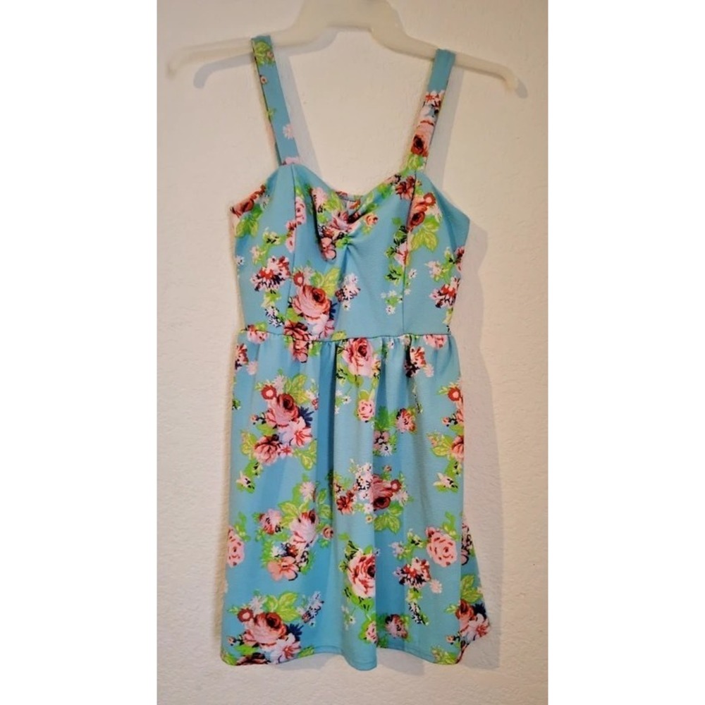 No Boundaries Women's Blue Floral Dress Babydoll Sundress - Size L (11-13)
